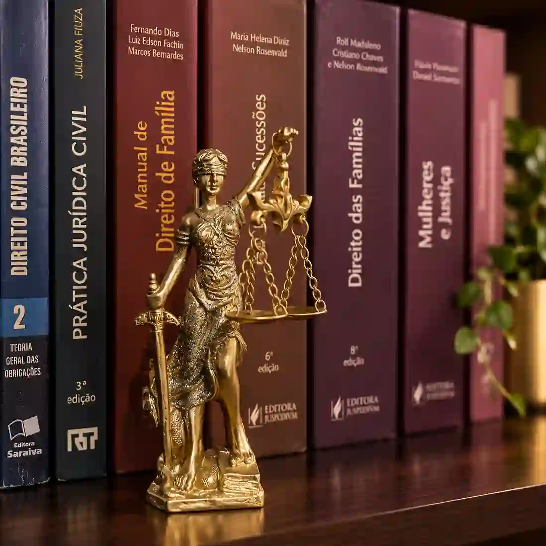 Estátua da Justiça em uma estante com livros de Direito de Família e Sucessões